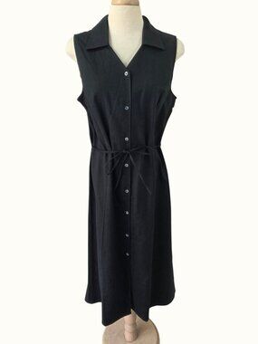 Jacklyn Smith Black Linen Cotton Belted Dress Size 16 Sleeveless Button Front